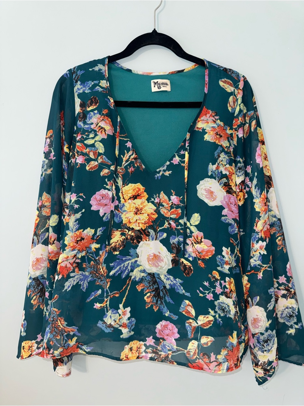 Show Me Your Mumu teal floral print bell sleeve top with tie neck detail - Picture 2 of 9